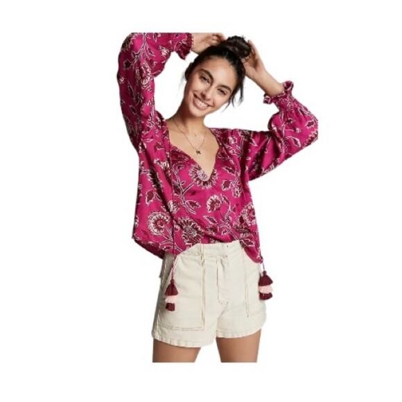 Anthropologie Omika Salena Peasant Blouse Pink Floral V-Neck Flowy Blouse Small - Picture 1 of 9